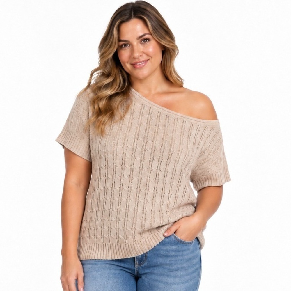 Andree By Unit Womens NWT 1X Cable Knit Sweater Short Sleeve Off Shoulder Beige